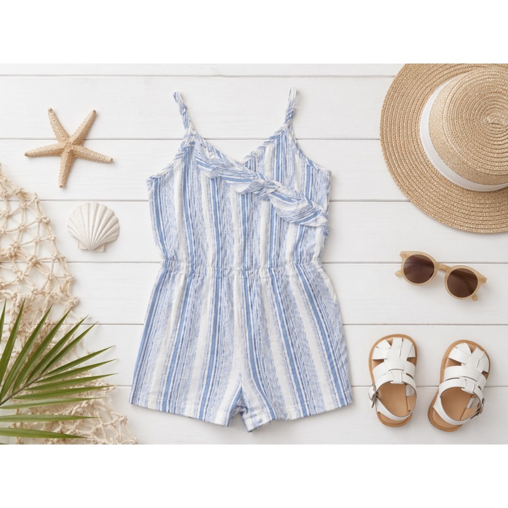 Vacation Summer Beach Vineyard Vines Girls‎ Blue White Striped Ruffle Romper XS